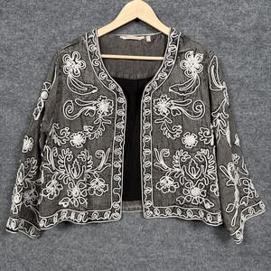 Soft Surroundings Womens Sz 1X Bolero Jacket Gray White Cotton Crop Embroidered